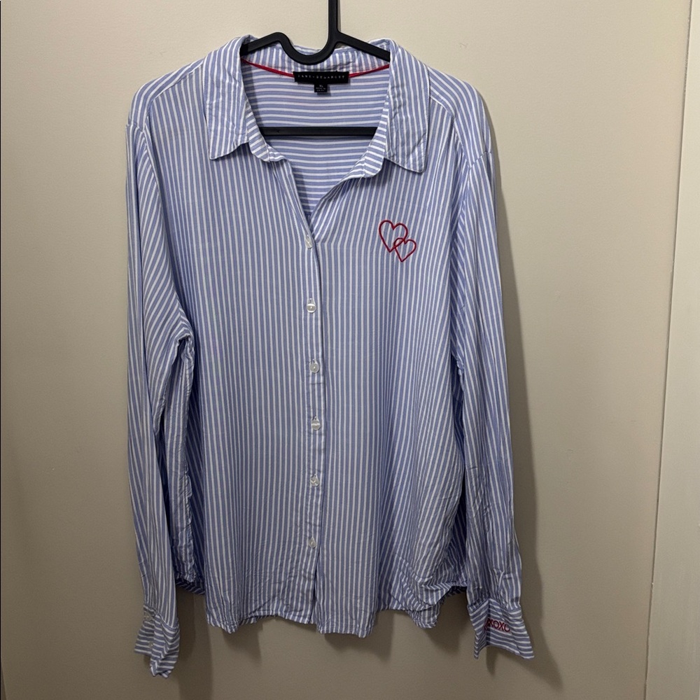 Jane and Delancey Women’s Blue Striped Button-Up Shirt with Heart Embroidery XL